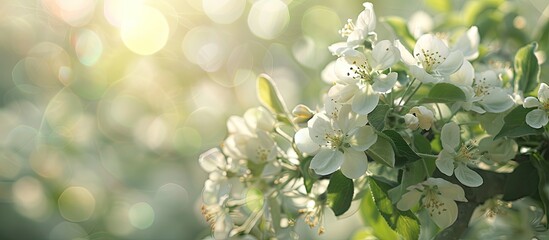 Daylight reveals an apple tree adorned with gorgeous white flowers in this captivating image with copy space.