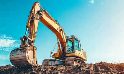 excavator blue sky heavy machine construction site. Creative Banner. Copyspace image