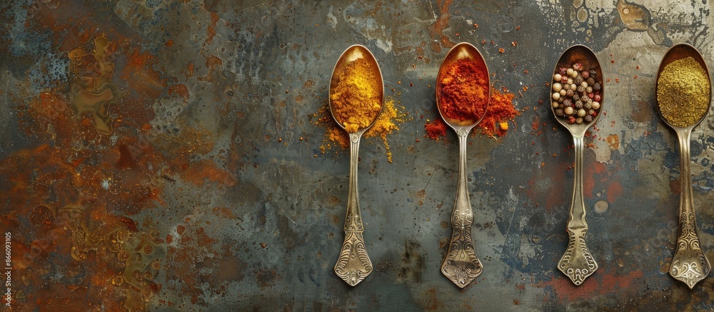 Poster toned background featuring ancient melchior spoons with spices on metal surface for a copy space ima