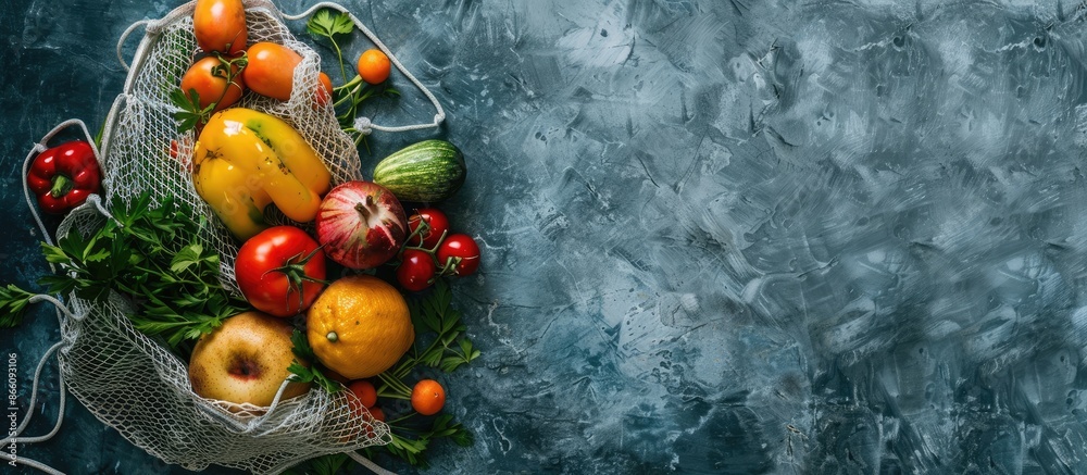 Poster Top view of fresh fruits and vegetables in an elegant mesh bag, with a blank space for images. Copy space image. Place for adding text and design