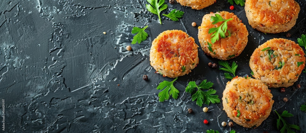 Leinwandbilder Vegetarian cutlets displayed on a grey surface, flat lay composition with room for text in the image. Copy space image. Place for adding text and design