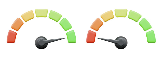 3d speedometer icon. High and low speed status. Scale score of speed, levels, meter, tachometer performance and rating. Stock vector illustration on isolated background.