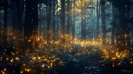 Obraz premium Enchanting Fireflies Illuminate Moody Forest at Twilight with Contrasting Shadows and Light