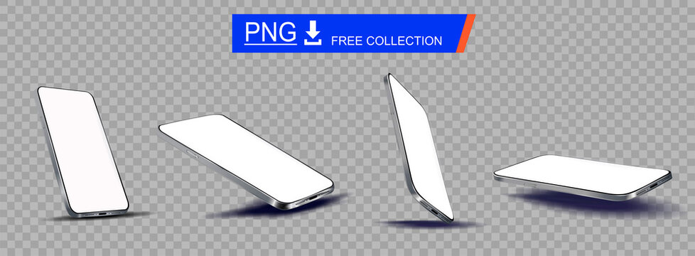 Presentation new smartphone model. Modern thin smartphone with blank screen on transparent background. Free collection smartphones from different angles. Phone vector template for advertising