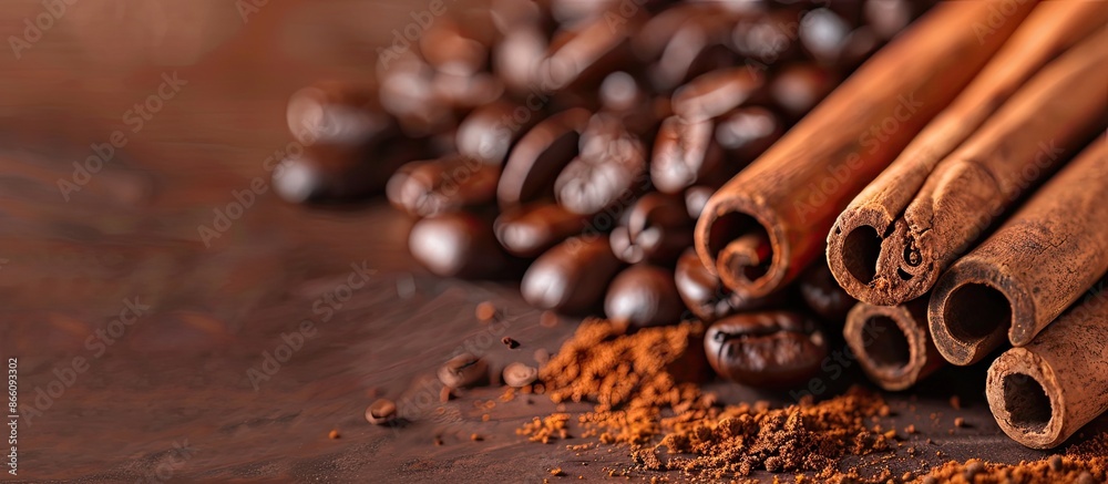 Poster Closeup shot of aromatic coffee beans intertwined with cinnamon sticks against a background with ample copy space image.
