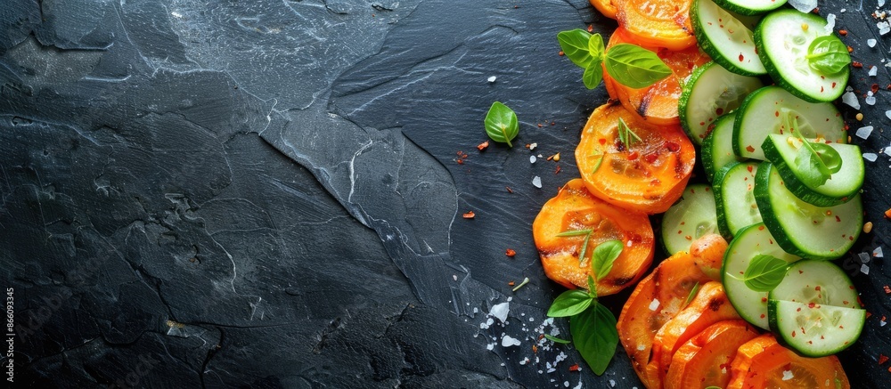 Poster aerial view of salted fresh vegetable slices on a black background, featuring copy space for inserti