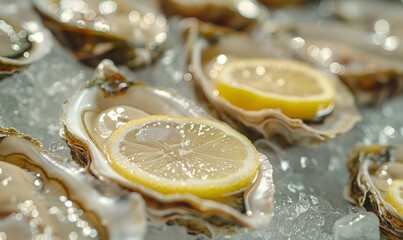 Fresh plump oysters displayed on ice with a zesty lemon slice for seafood delicacy