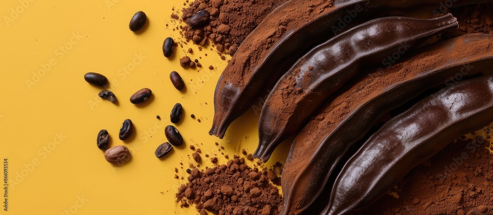 Aufkleber Top view of carob beans and powder on a yellow or brown background with room for text or adding images. Copy space image. Place for adding text and design