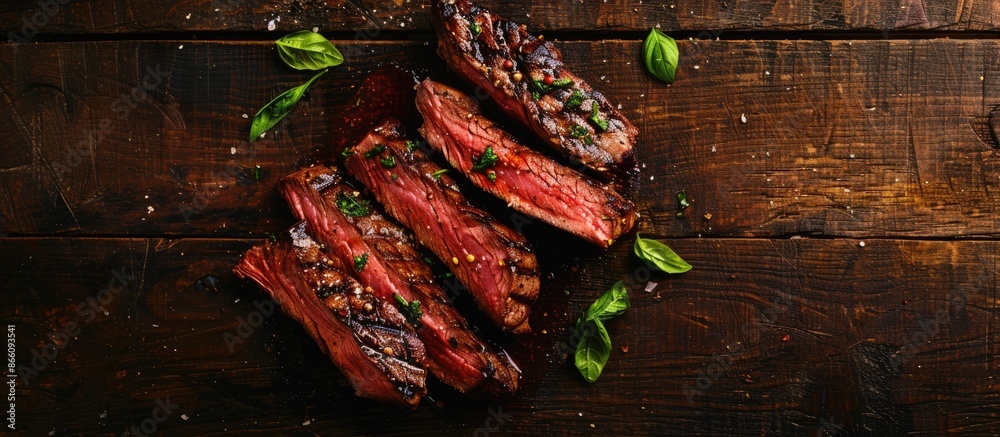 Aufkleber top view of grilled machete or skirt beef steak against a wooden backdrop with copy space image.