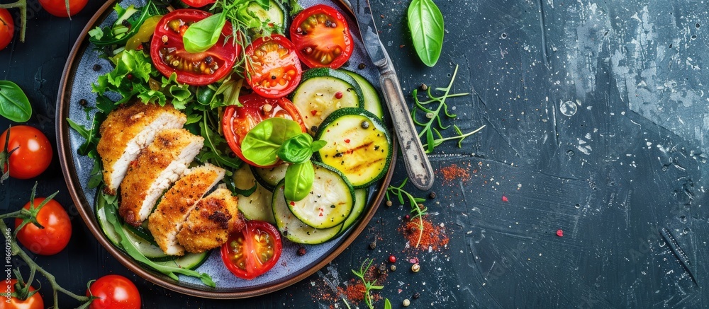 Poster healthy food option comprising a chicken cutlet served alongside a zucchini and tomato salad, viewed