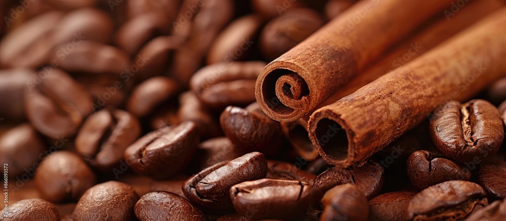 Poster closeup shot of aromatic coffee beans intertwined with cinnamon sticks against a background with amp