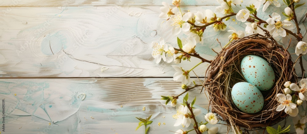 Poster Easter egg displayed in a rustic nest surrounded by spring blossoms on a white wooden backdrop with copy space image.
