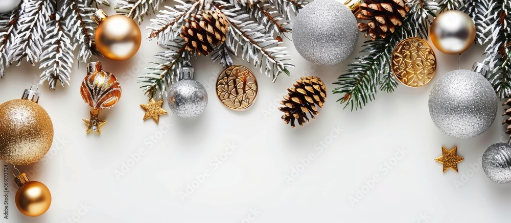 Poster top view of golden and silver christmas decorations on a white background with room for additional i