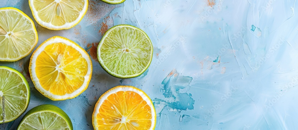 Poster Fresh lemon and lime slices displayed on a light table with kitchen wooden top, creating a vibrant copy space image.