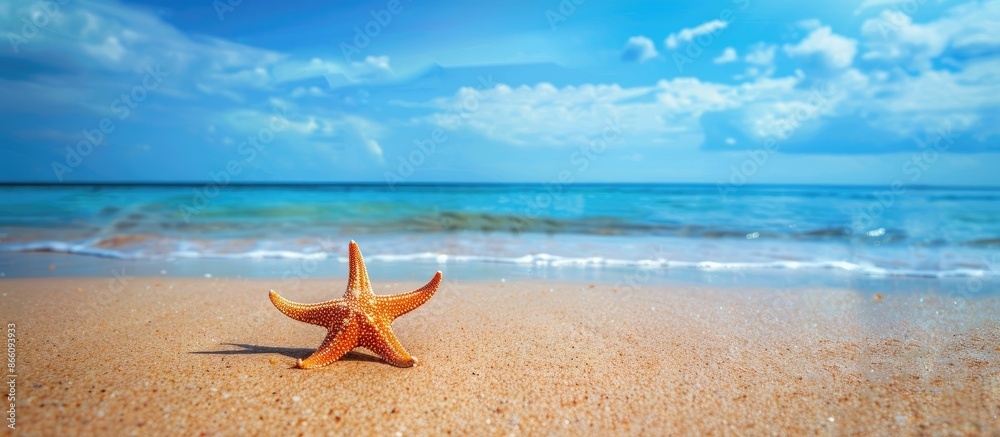 Poster Starfish lying on the sandy shore with vast blue sea and clear skies in the background, creating a picturesque scene with copy space image.