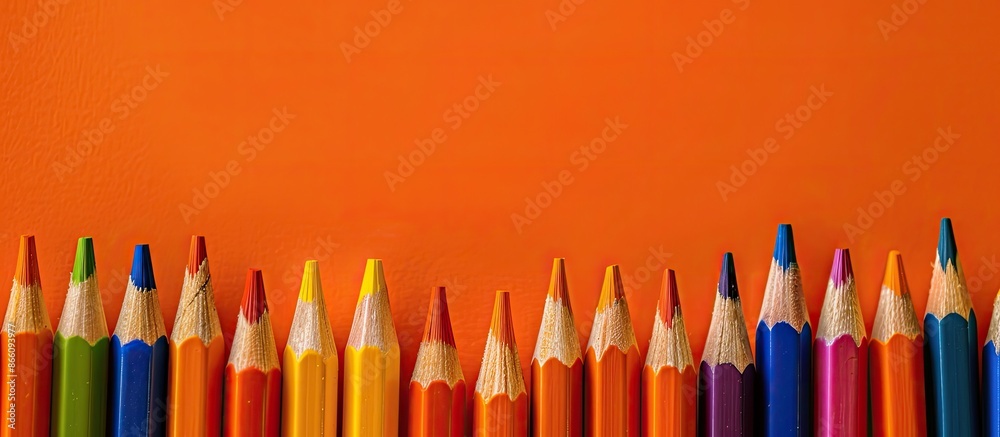 Aufkleber back to school concept displayed with colorful pencils on an orange backdrop, featuring copy space i