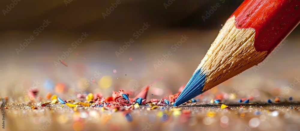 Poster back to school concept with color pencil crayons being sharpened on a blurred wooden background, ide