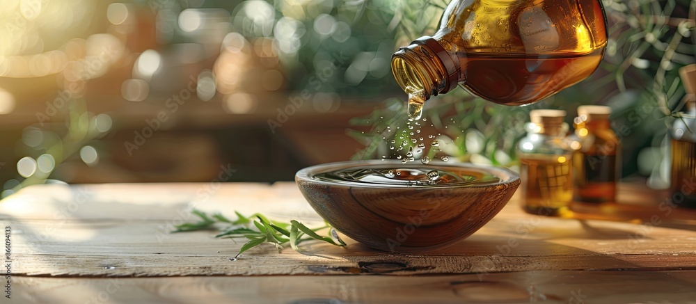 Poster Pouring tea tree oil from a bottle into a bowl on a table, with an area available for adding text in the image. Copy space image. Place for adding text and design