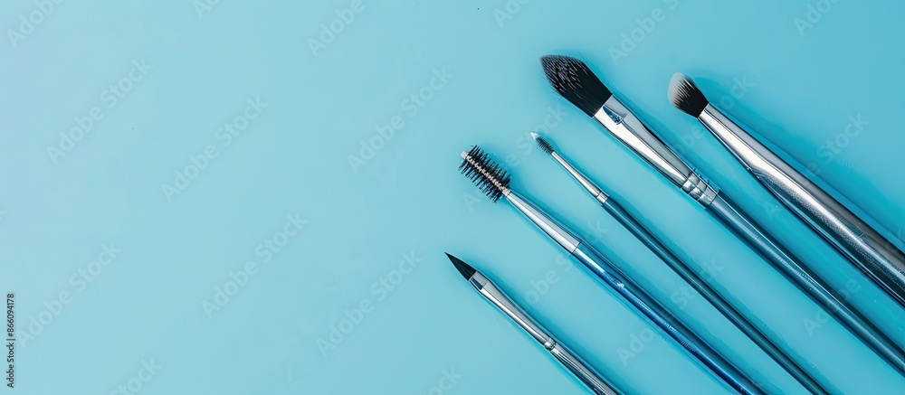 Poster Professional eyebrow tools on a blue background in a flat lay composition with room for text in the image. Copy space image. Place for adding text and design