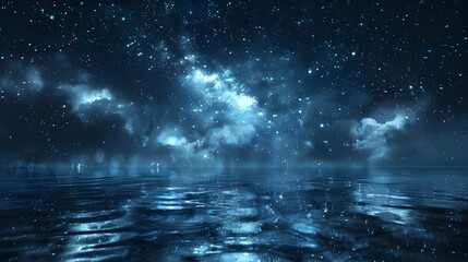 Serene Starry Night Sky Reflected on Tranquil Dark Lake Landscape