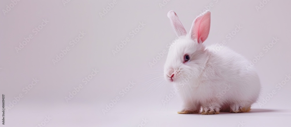 Poster adorable fluffy bunny isolated on white backdrop with available copy space image.