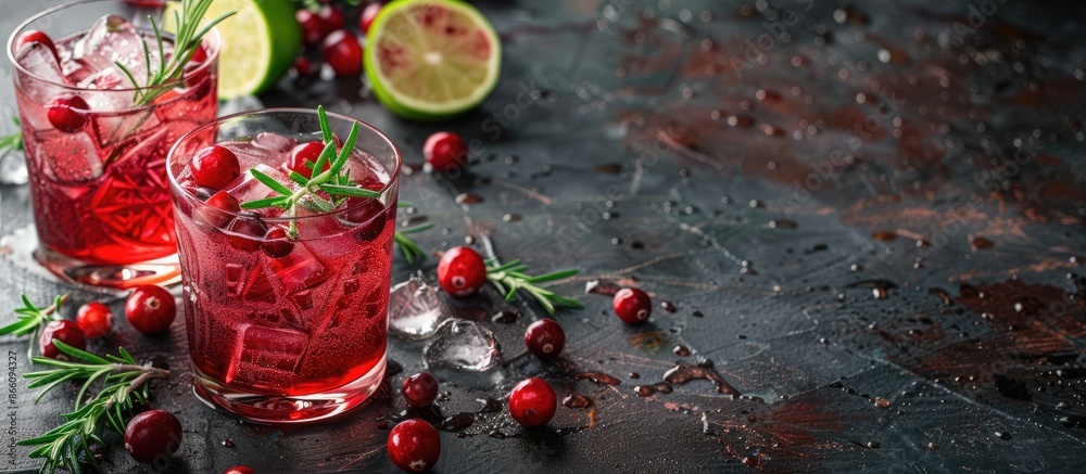 Poster two glasses of a refreshing red cranberry and lime cocktail with rosemary and ice on a dark backgrou