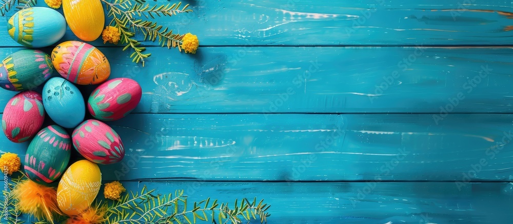 Poster colorful wooden easter eggs decorated with feathers and mimosa, displayed on a blue wooden backdrop 