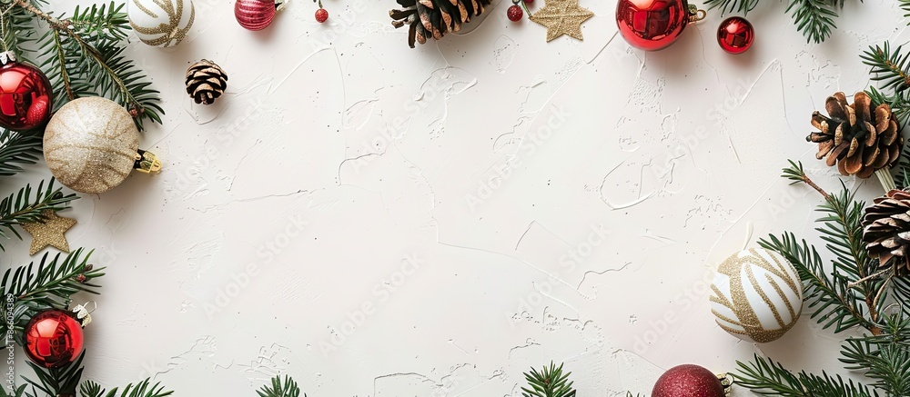 Aufkleber Festive arrangement with Christmas ornaments like fir branches and baubles in a frame. Seen from above with a blank area for text or images, flat lay style. Copy space image