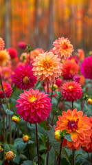 Vibrant dahlias in shades of deep red and orange, with hints of yellow, arranged against a backdrop of a vibrant autumn forest.