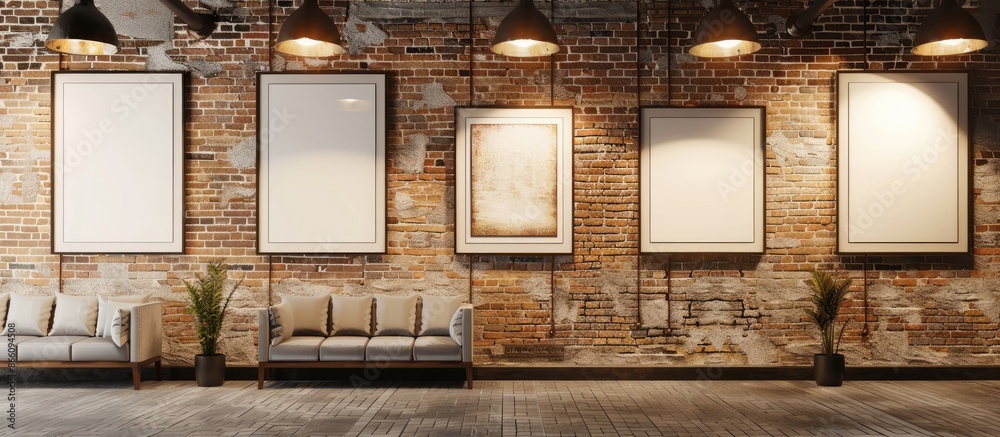 Aufkleber Modern art gallery displaying frames with blank canvases on a brick wall, providing copy space image for design.