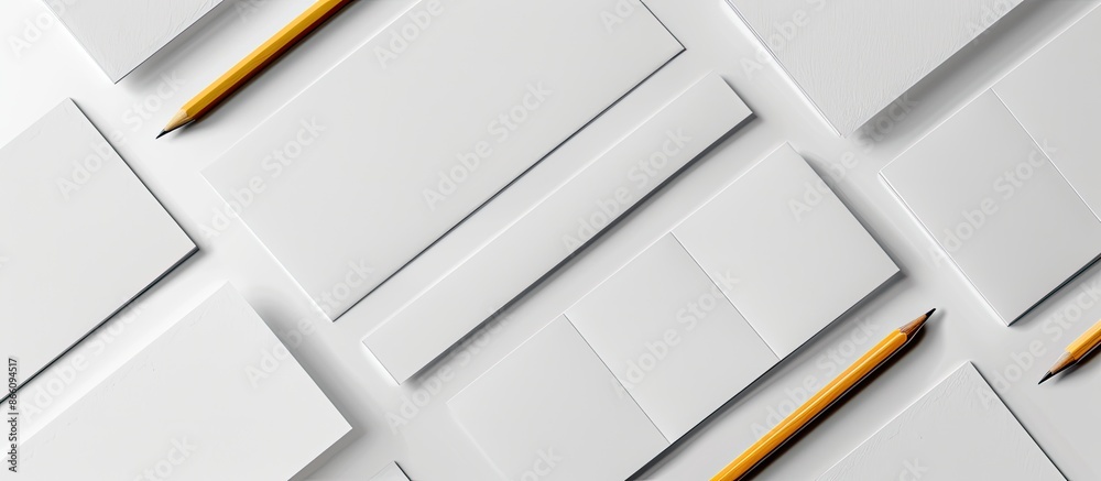 Poster mockup copy space image featuring blank business cards arranged alongside a pencil on a white backgr