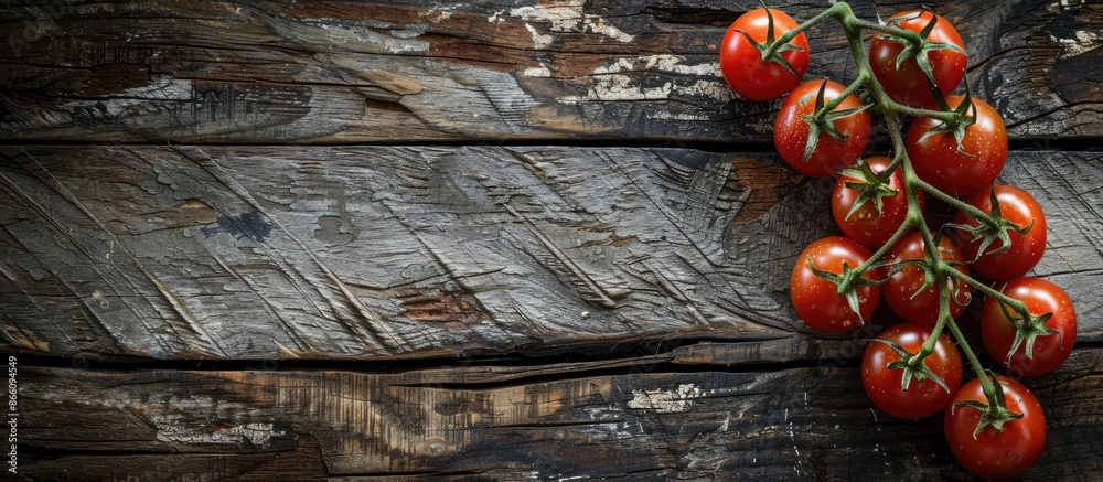 Poster cherry tomatoes on a rustic wooden background with white and black backdrop, providing copy space im