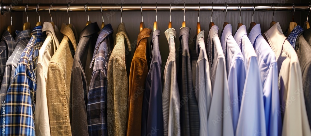 Poster close-up image of clothes on hangers in wardrobe with copy space image.