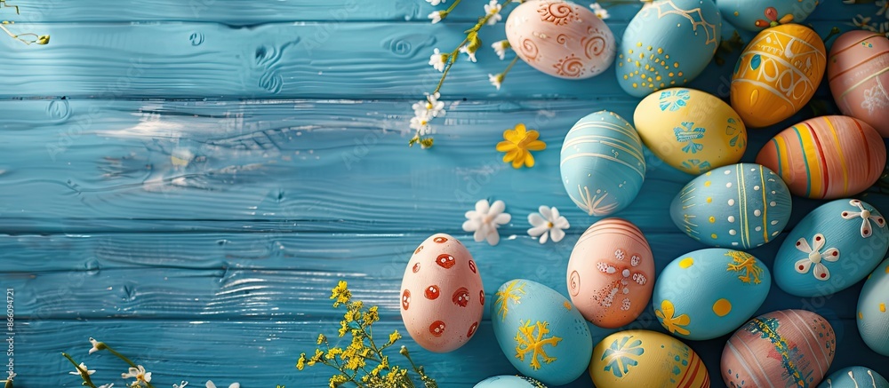 Poster top view of easter eggs displayed on a blue wooden surface, with ample copy space in the image.