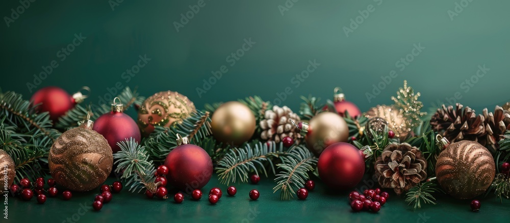 Poster an elegant christmas and new year theme showcasing red and golden baubles on a festive green backdro