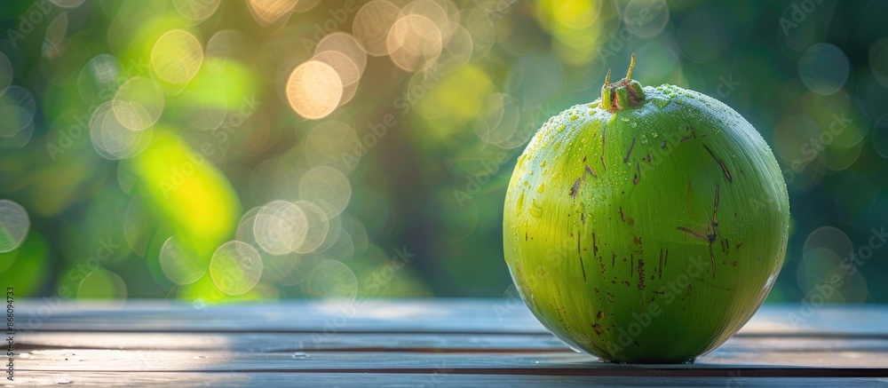 Poster A crisp, green coconut shown alone on a wooden surface, with blurred background effect and room for text or other images. Copy space image. Place for adding text and design