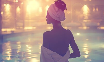 Silhouette of a woman with her back in a towel in a sauna, Infrared sauna and spa concept