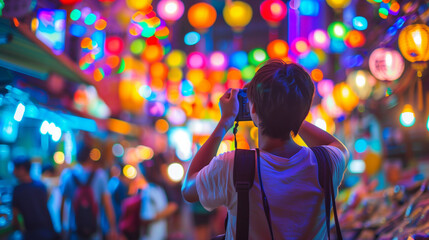 Young Photographer Capturing Vibrant Market Scenes. In this vivid photograph, a young photographer is seen capturing the lively atmosphere of a bustling market at night.