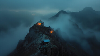 Fototapeta premium Mystical Mountain Temple at Dusk. This breathtaking aerial photograph captures a serene temple perched on the peak of a Tibetan mountain enveloped in mist.