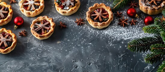 Fototapeta premium Plenty of room around a gray surface with Christmas fruit mince pies for a copy space image.