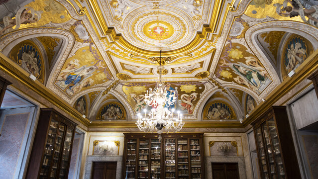 Il soffitto della biblioteca di Palazzo Corsini alla Lungara nella Sala delle Udienze Solenni  (affreschi allegorici di Domenico Bruschi alle Scienze Umane, Geografia, Astronomia, Medicina, Giurisprud