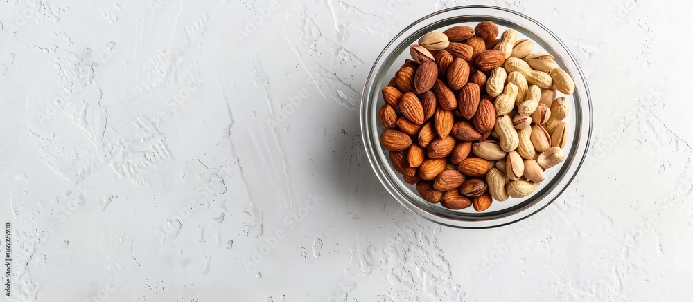 Sticker A variety of peanuts and almonds in a glass bowl on a white background with room for text or other images. Copy space image. Place for adding text and design