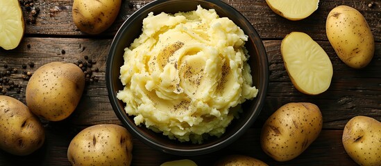 A detailed close-up photo showcasing a bowl of mashed potatoes surrounded by whole potatoes. image with copy space