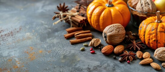 Organic pumpkins, apples, pecans, almonds, and seasonal spices arranged in a creative flat lay for baking autumn treats like pumpkin or apple pie, perfect for Thanksgiving and other fall holidays