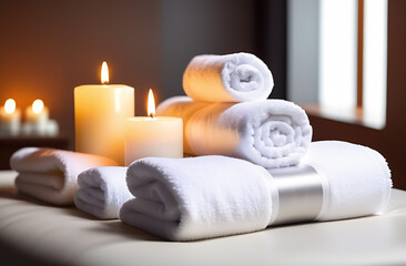 Fresh white towels with candles on blurred background of spa room