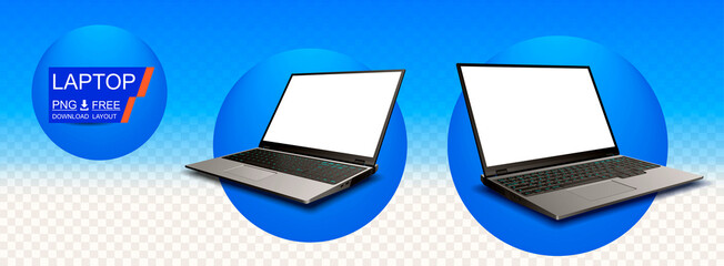 Two open realistic laptops with blank displays. Presentation latest model laptop with blank screen....