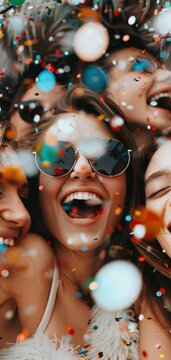 Vibrant group of friends laughing and enjoying a colorful celebration with confetti in the air, capturing joyful moments.