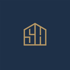 SH or S & H monogram logo in gold house shape - outline style.