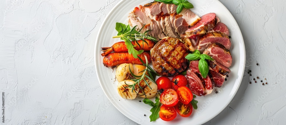 Sticker A white plate displays a delicious variety of meats and vegetables against a plain background, perfect for a copy space image.