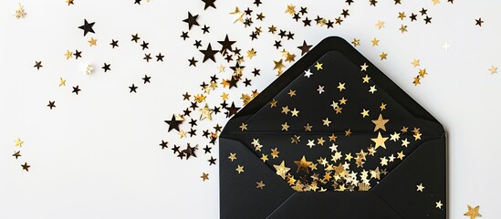 A festive Christmas theme with a black envelope filled with golden star confetti on a white background, ideal for holiday-themed copy space images.